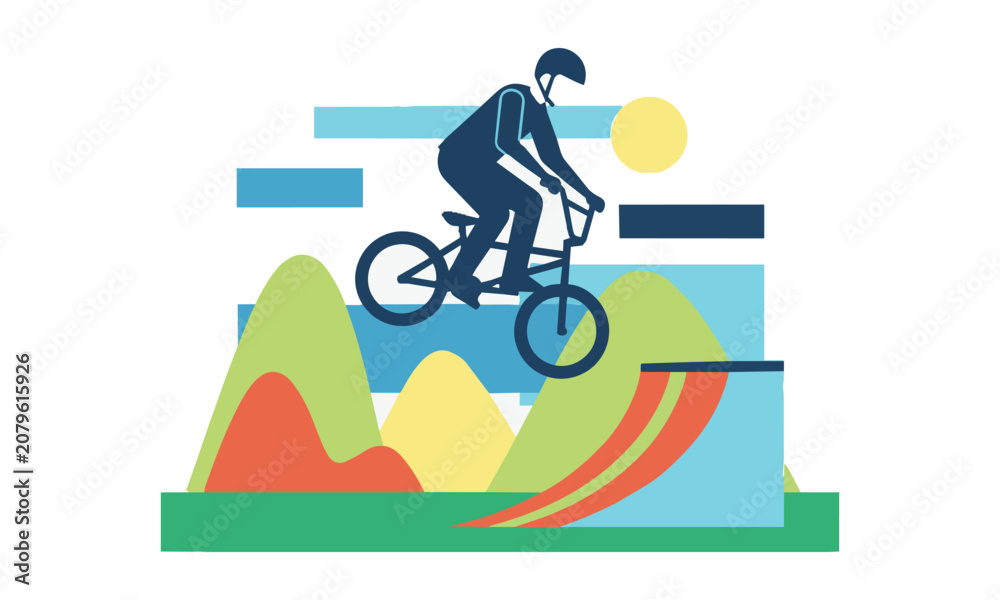 Obraz premium Stylized person performing a mid-air bmx bike trick on a curved ramp featuring minimalist geometric shapes and bold flat colors on a white background sports concept