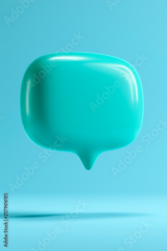 Minimalist 3D render of a glossy turquoise speech bubble icon floating on a soft blue background, symbolizing messaging, communication, and online conversation.