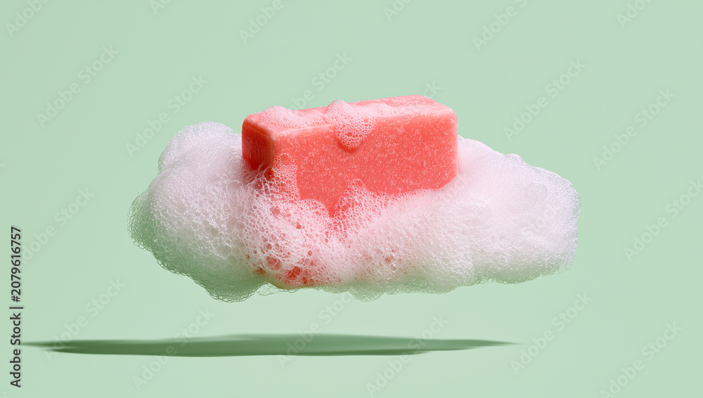Fototapeta premium Minimal skincare concept featuring a floating pink soap bar surrounded by soft white foam on a pastel green background.