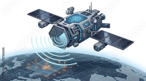 Satellite Transmitting Data Signals to Earth Over Digital Global Map Technology Illustration