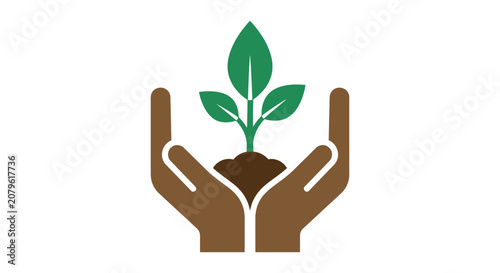 minimal vector icon of two hands cradling a young plant sapling in soil .eps