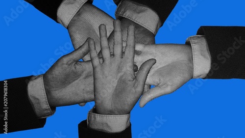 Multiple halftone open hands with diverse skin tones stacking together on blue background. Retro pop art style, suit sleeves, suitable for teamwork and unity content.