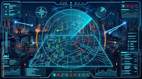Futuristic Tactical Digital Interface Display Featuring Combat Radar Maps and Strategic Military Monitoring Systems
