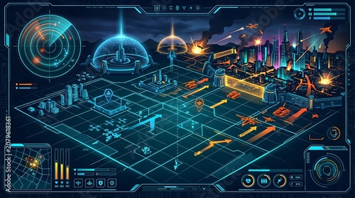 Futuristic Holographic Tactical Map Interface for Sci-Fi Command Center and Cyber Warfare Strategy