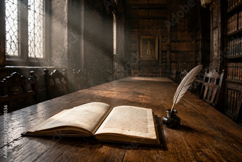 Wooden library table with manuscript, quill and inkwell in dust motes.