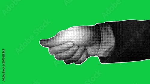 Halftone business hand rubbing thumb and index finger together on green background, gesturing for money. Retro pop art style, seamless loop suitable for finance content.