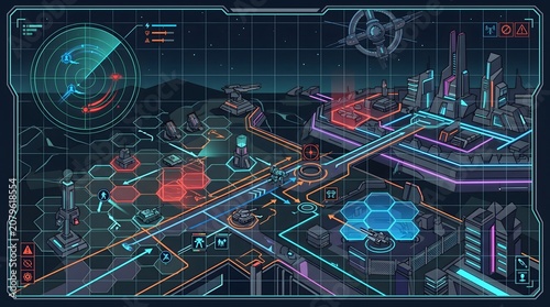 Futuristic Cyberpunk Strategy Game Map Interface with Hexagonal Grid and Digital Tactical Control Center Display