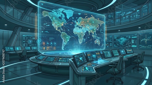 Futuristic command center with glowing holographic world map in high tech control room