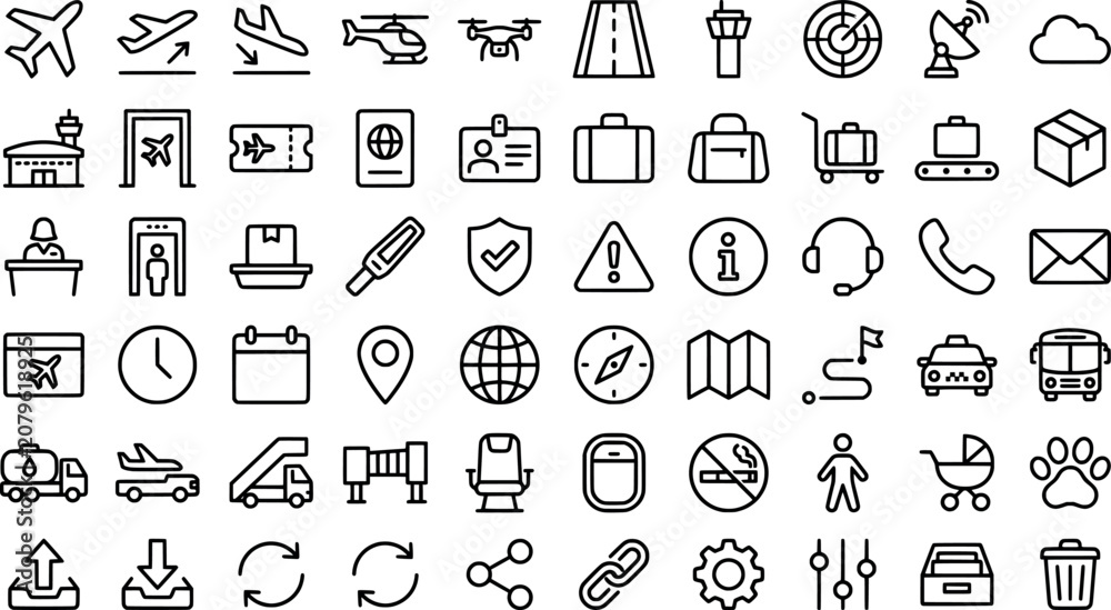 Naklejka premium Set of airport and travel line icons, including airplane, luggage, flight, terminal, navigation, and transportation symbols transparent background