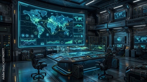 Futuristic Command Center with Holographic Map and Global Network Display