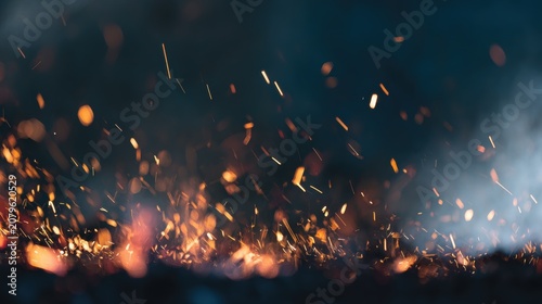 Bright sparks fly from a fire at night, lighting up the dark space with warm colors and energy