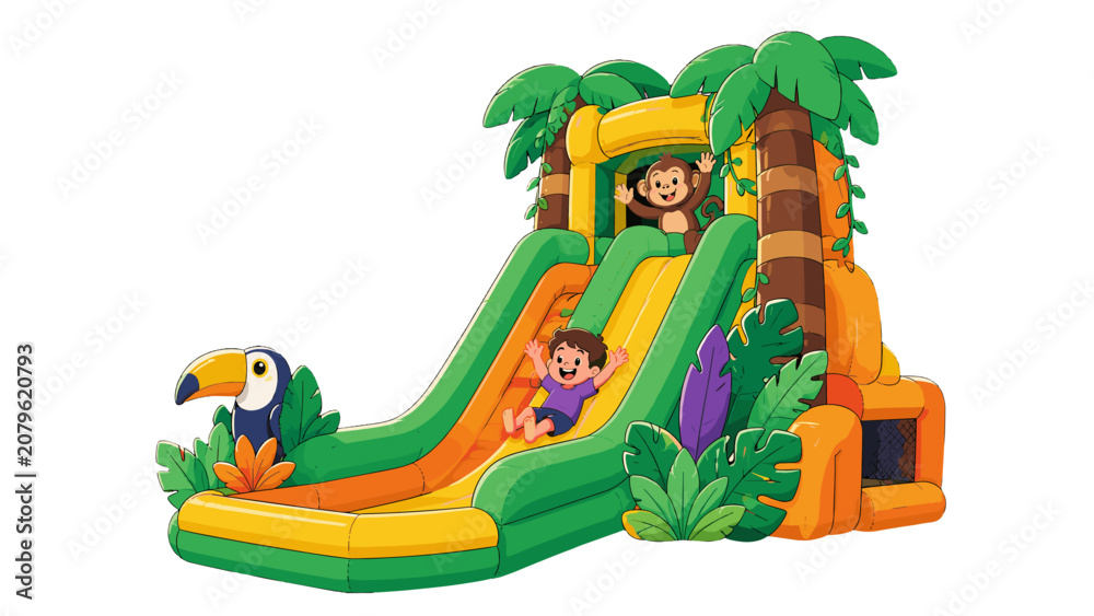 Fototapeta premium Cartoon inflatable jungle slide with child and monkey