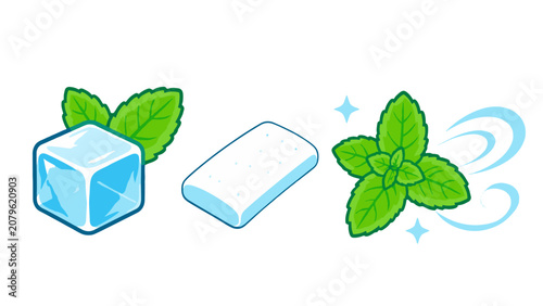 Bild auf Leinwand Mint chewing gum with ice cube and fresh leaves vector set