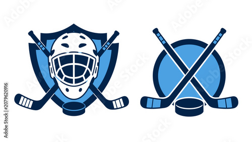 Photography Ice hockey emblem set with goalie mask sticks and puck