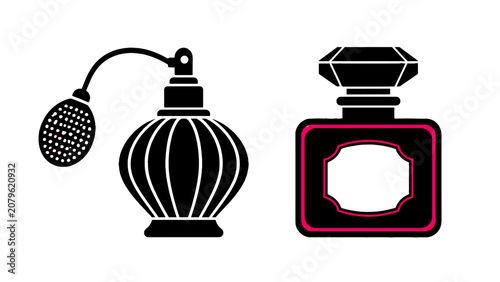 Fotografie Black perfume bottle icons with atomizer and label frame