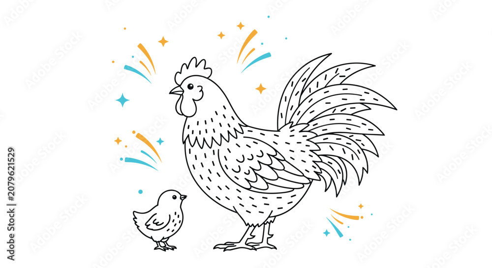 Fototapeta premium Hand-drawn line art illustration of a proud rooster standing next to a small chick with decorative colorful spark elements.