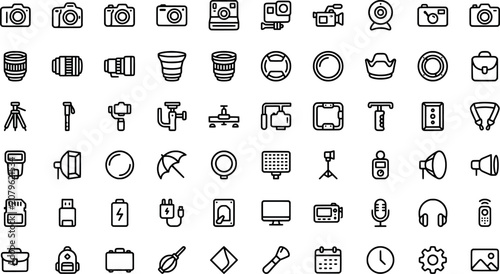 Cuadro en lienzo Set of photography and videography equipment line icons transparent background