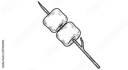 Hand drawn sketch of two fluffy marshmallows roasted on a wooden twig branch for camping and outdoor activities.