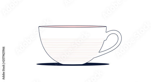 Minimalist line drawing of a white ceramic teacup with thin horizontal pink lines and a handle on white background.