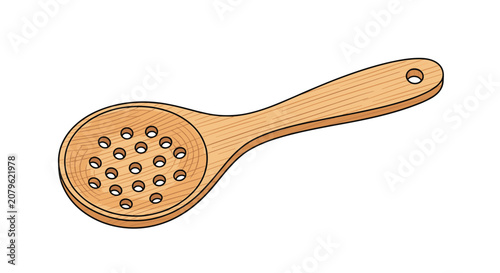 Hand drawn wooden slotted spoon skimmer kitchen utensil isolated on white background for cooking and food preparation.