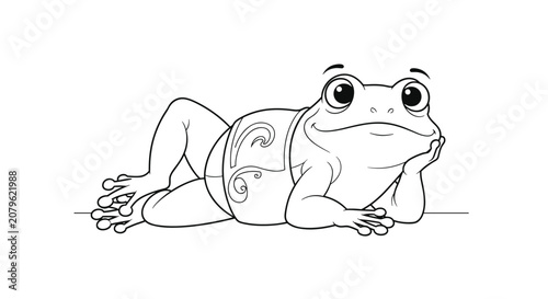 Whimsical line drawing of a frog relaxing on its side wearing a decorative loincloth isolated on white background.
