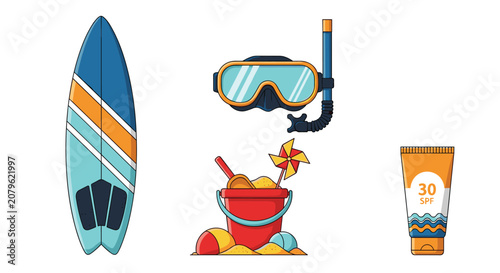 Summer beach set with a surfboard snorkeling mask sand bucket with toys and a tube of sunscreen lotion.