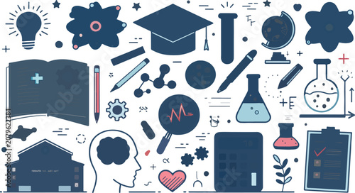 Research Education Care Doodle Vector Icons Set Holographic Background Infographics Design