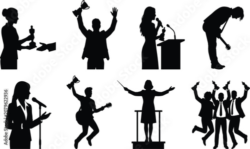 Award ceremony silhouettes set featuring people celebrating success with trophies public speakers and musicians
