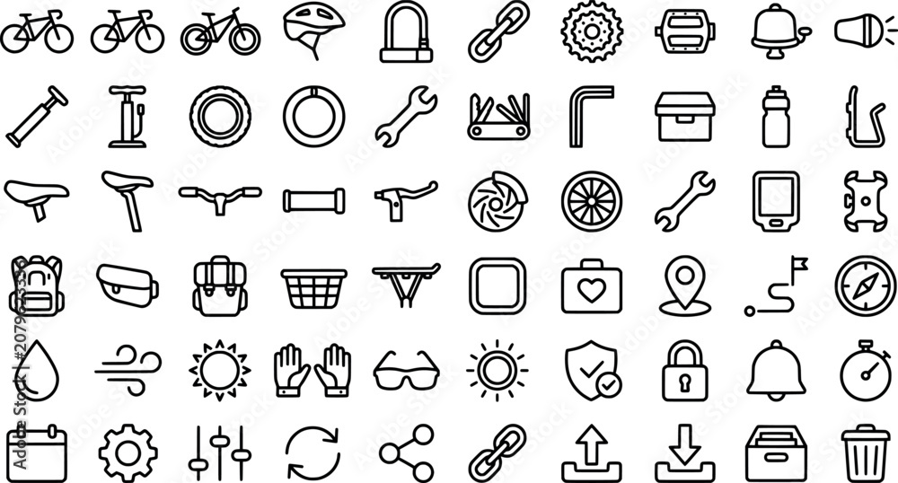 Naklejka premium Set of 70 cycling and bicycle equipment line icons transparent background