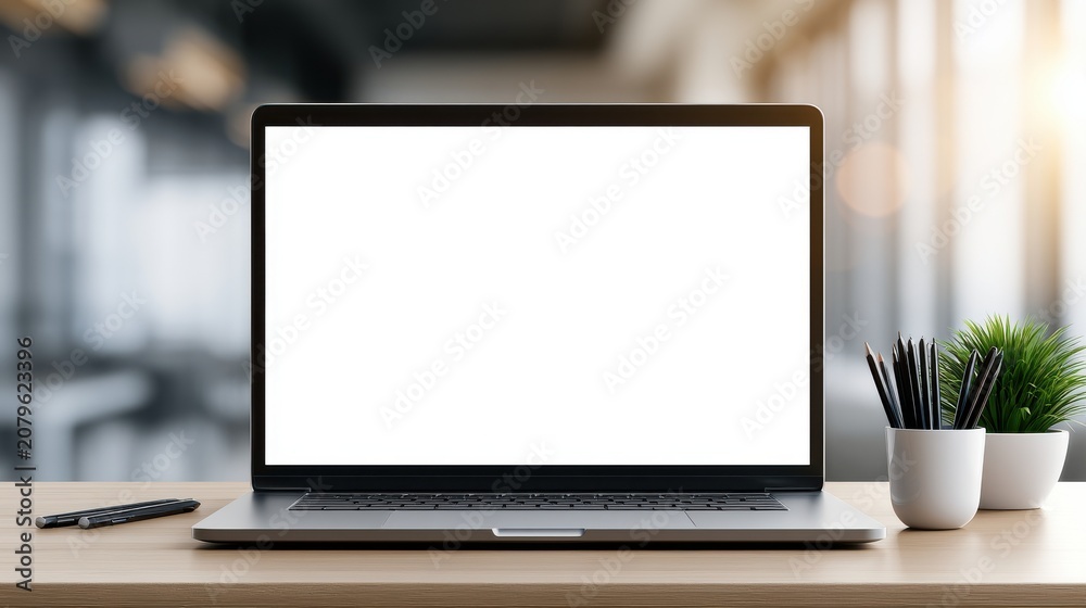 Fototapeta premium Modern laptop computer mockup on wooden table isolated on white background