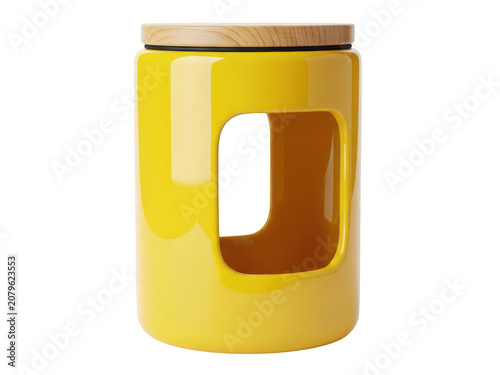 Yellow cylindrical container with cutout design