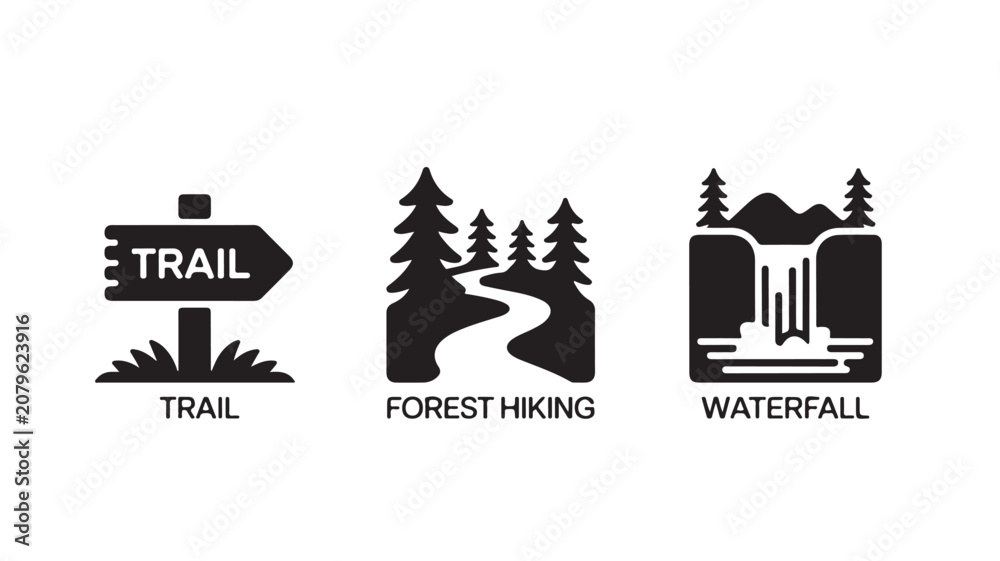 Obraz premium Minimal Black And White Silhouette Of Trail Forest Hiking And Waterfall Icons