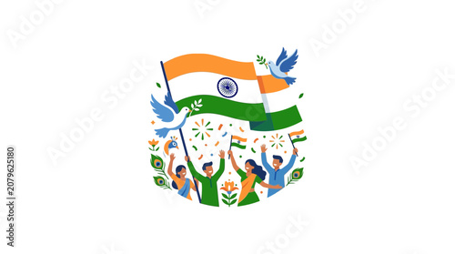 India Independence Day Celebration: People Waving Flags, Doves of Peace, Confetti