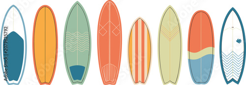 Photography Assortment of colorful vintage-style surfboards surfing