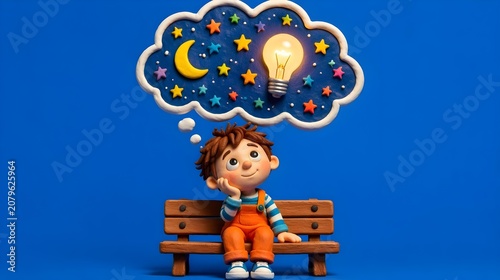 Claymation child sits on a bench dreaming of stars, moon, and a bright idea