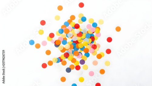 Scattered colorful confetti circles on a clean white background for celebrations