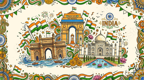India landmark illustration showcases iconic monuments and vibrant cultural motifs surrounded by the national tricolor flag colors.