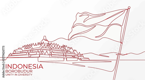 Borobudur Temple is depicted through a continuous line drawing that emphasizes the historic architecture of Central Java.