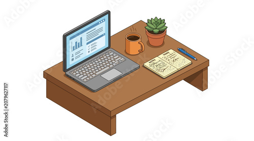 Laptop displaying business analytics sits on a wooden desk next to a coffee mug and a notebook in a modern workspace.