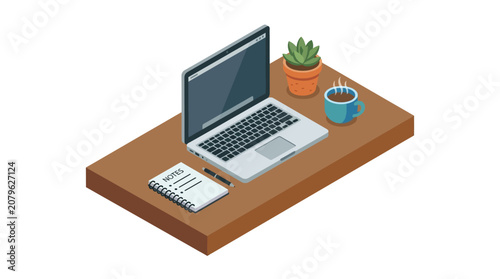 Laptop placed on a wooden desk alongside a notebook and a coffee mug creates a productive workspace setup for remote professionals or students.