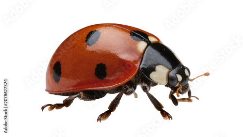 Slika na platnu Isolated ladybug beetle with vivid red shell and black spots walking in close up view