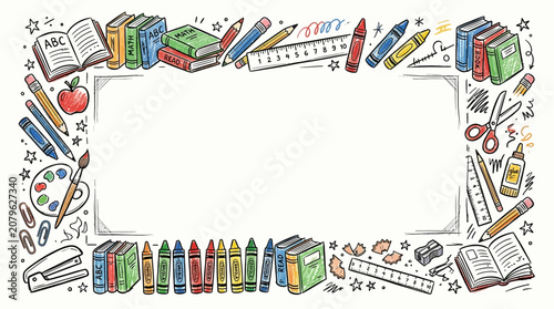 School supplies frame showcases a variety of illustrated artistic tools and textbooks arranged around a large rectangular empty center.