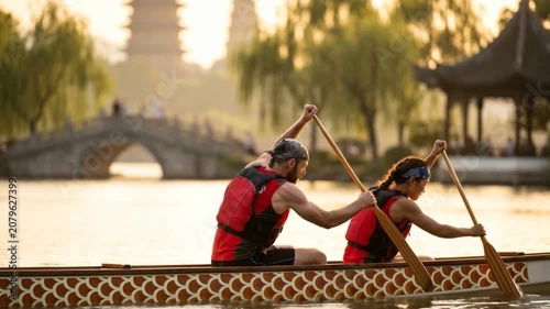 Man and woman rowing a traditional dragon boat synchronously on a scenic lake during golden hour