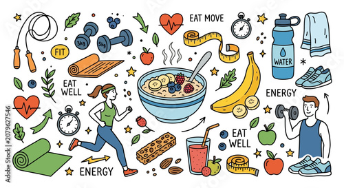 Healthy Lifestyle Doodle Art: Fitness, Food, and Wellness Icons
