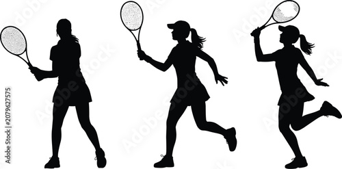 Photos Three Black Silhouettes of Women Playing Tennis sport