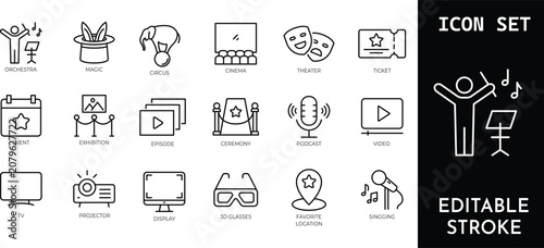 Foto Entertainment and media icon set with orchestra, cinema, theater, and ticket symbols for various events