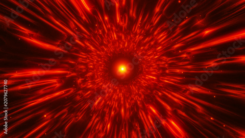 An abstract stream of incandescent energy rushes toward a bright core, creating the impression of a powerful energy explosion and endless movement. Concept of futuristic technology, physics, and therm