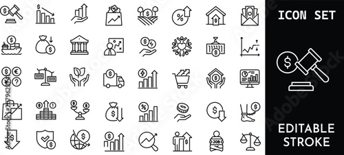 Cuadro en lienzo Economic and financial crisis line icon set depicting market decline inflation and monetary challenges