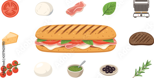 Bild auf Leinwand Italian ciabatta panini illustration collection with fresh sandwich ingredients