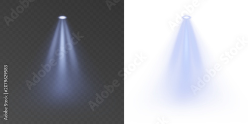 Bright cyan spotlight rays PNG isolated on transparent background with luminous cone, realistic atmospheric glow and professional theater lighting effect